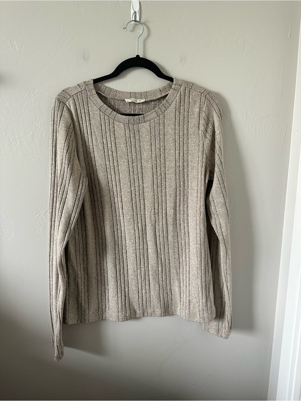 Doe & Rae Neutral Ribbed Crew Sweater in Beige Taupe
